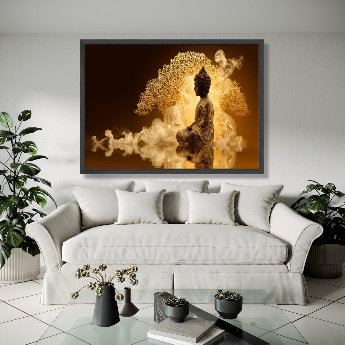 Meditative Buddha Statue Canvas, Spiritual Wall Art, Golden Tree Background, Yoga and Zen Decor, Serene Home Gift Art, Home Decor, Print