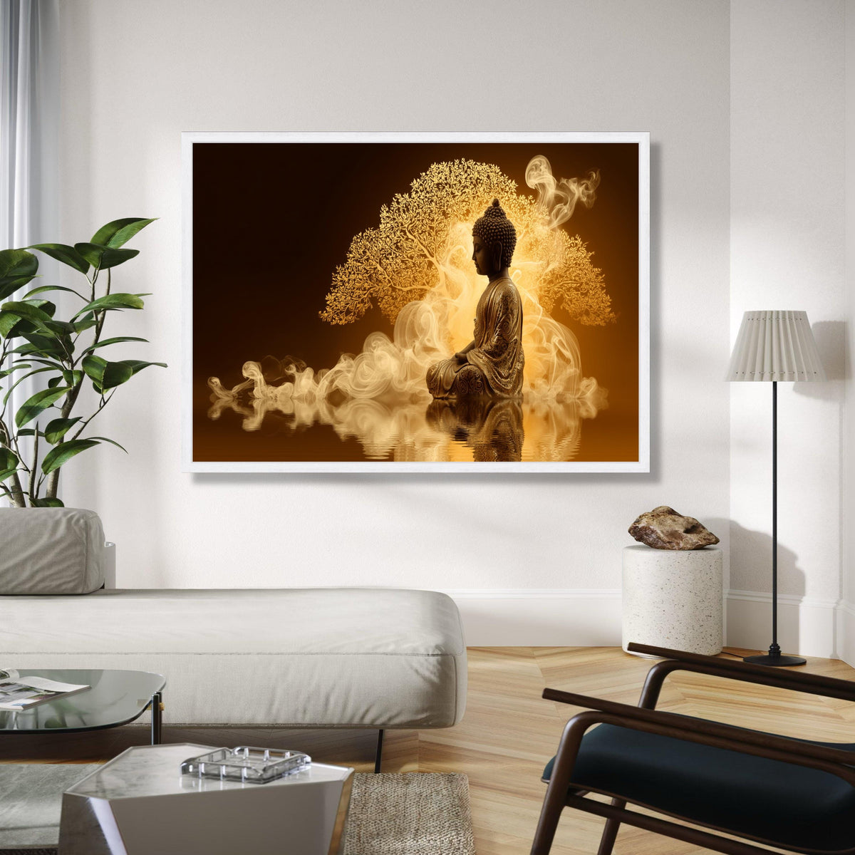Meditative Buddha Statue Canvas, Spiritual Wall Art, Golden Tree Background, Yoga and Zen Decor, Serene Home Gift Art, Home Decor, Print