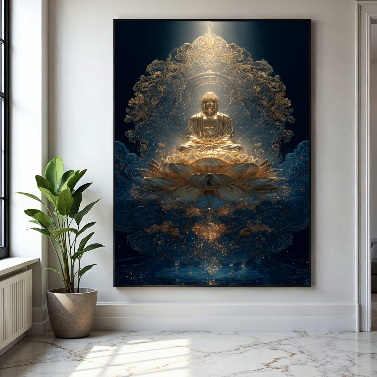 Golden Buddha Meditation Canvas, Lotus Flower Wall Art, Spiritual Asian Decor, Zen Buddhism Art, Serene Sacred Gift Art, Home Decor, Print