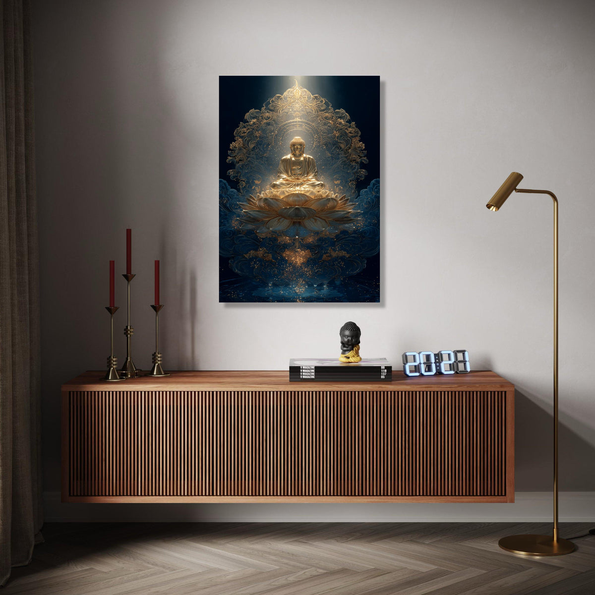 Golden Buddha Meditation Canvas, Lotus Flower Wall Art, Spiritual Asian Decor, Zen Buddhism Art, Serene Sacred Gift Art, Home Decor, Print