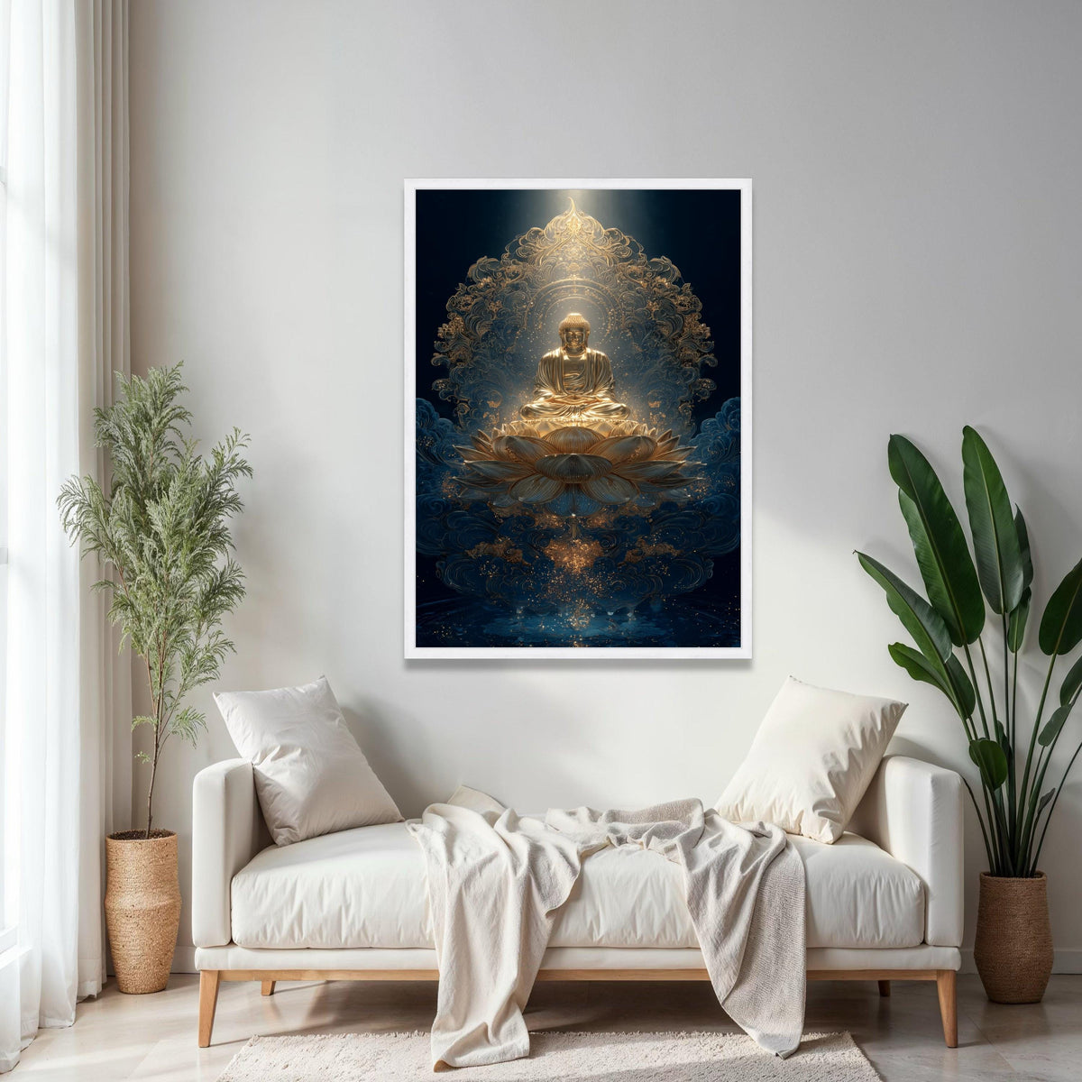 Golden Buddha Meditation Canvas, Lotus Flower Wall Art, Spiritual Asian Decor, Zen Buddhism Art, Serene Sacred Gift Art, Home Decor, Print