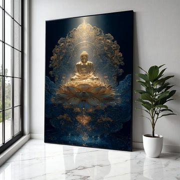 Golden Buddha Meditation Canvas, Lotus Flower Wall Art, Spiritual Asian Decor, Zen Buddhism Art, Serene Sacred Gift Art, Home Decor, Print