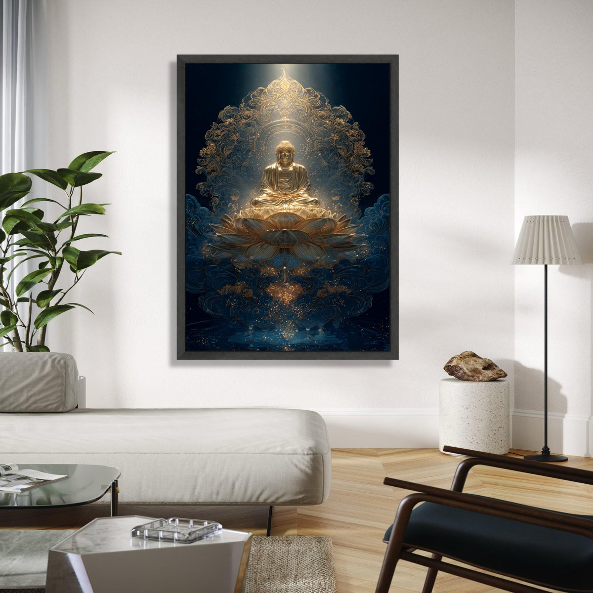 Golden Buddha Meditation Canvas, Lotus Flower Wall Art, Spiritual Asian Decor, Zen Buddhism Art, Serene Sacred Gift Art, Home Decor, Print