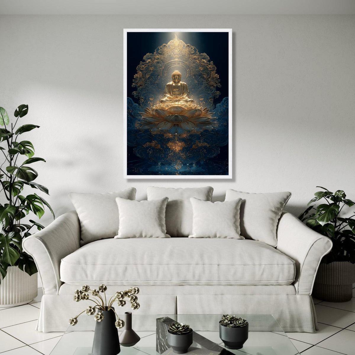 Golden Buddha Meditation Canvas, Lotus Flower Wall Art, Spiritual Asian Decor, Zen Buddhism Art, Serene Sacred Gift Art, Home Decor, Print