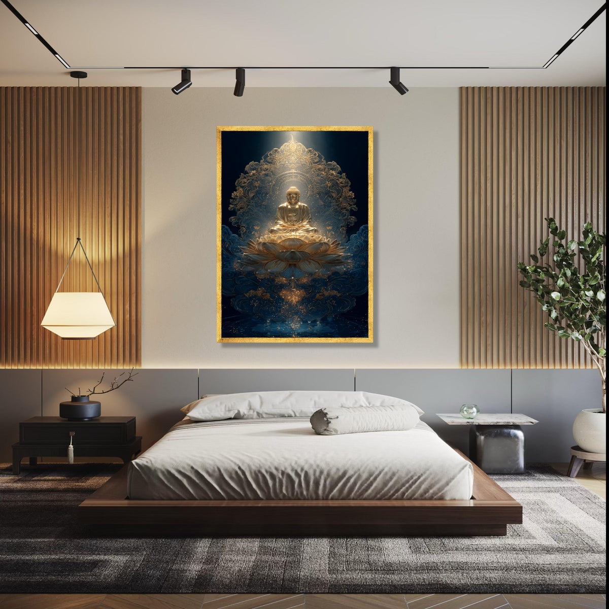 Golden Buddha Meditation Canvas, Lotus Flower Wall Art, Spiritual Asian Decor, Zen Buddhism Art, Serene Sacred Gift Art, Home Decor, Print