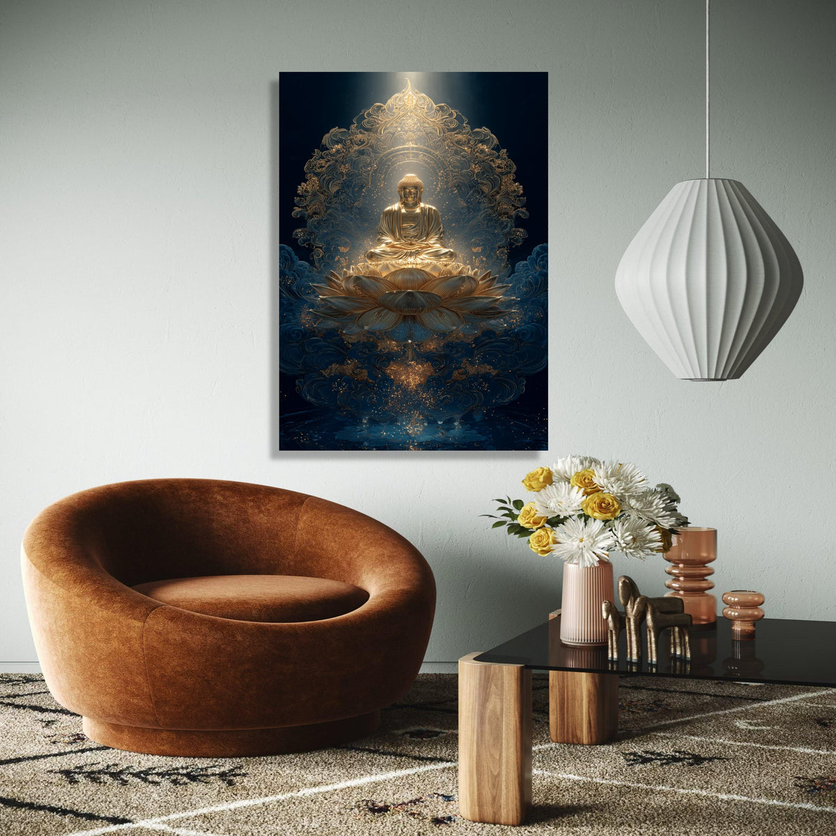 Golden Buddha Meditation Canvas, Lotus Flower Wall Art, Spiritual Asian Decor, Zen Buddhism Art, Serene Sacred Gift Art, Home Decor, Print