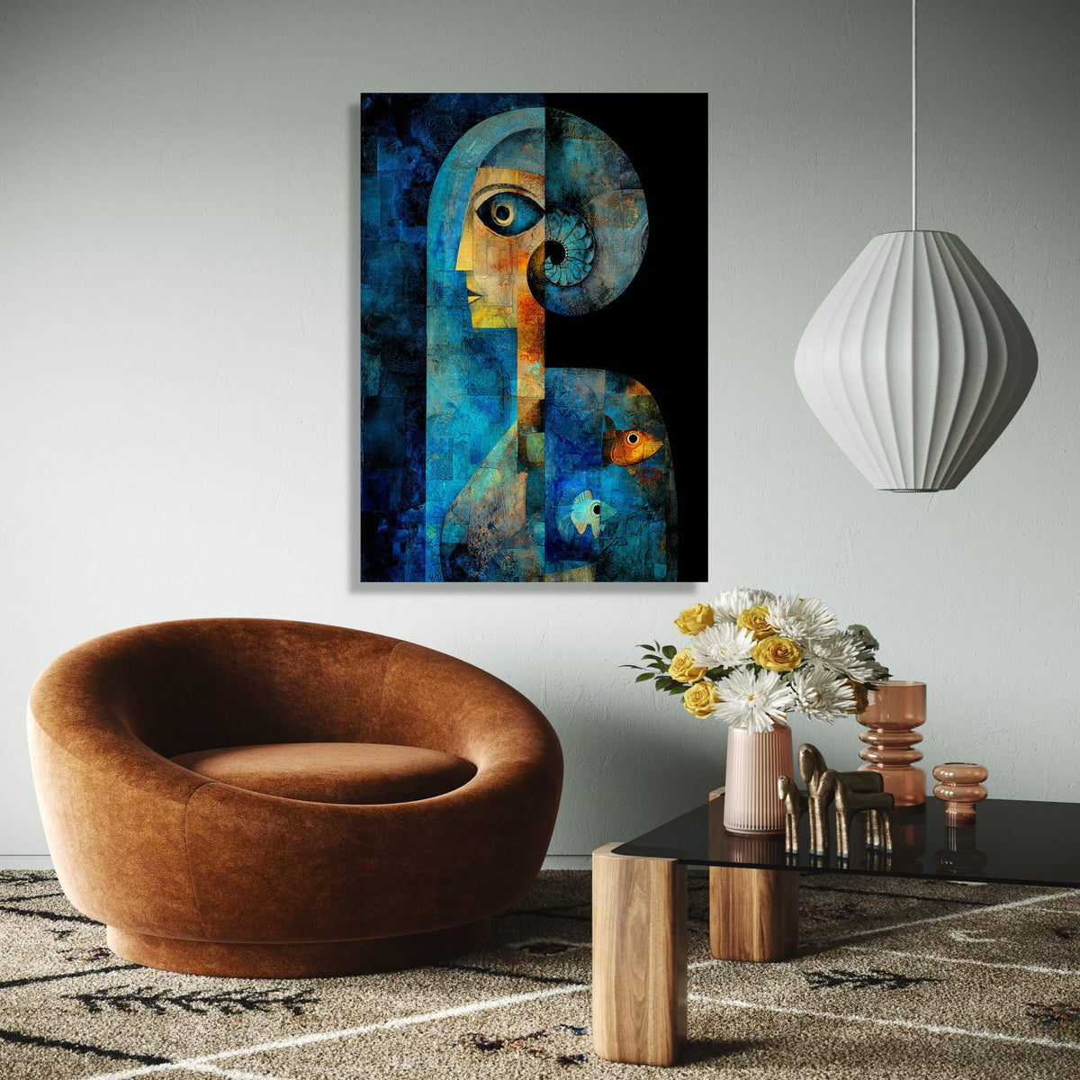 Abstract Blue Human Figure Canvas, Geometric Art with Spiral Horn, Fish Motif Wall Art, Contemporary Canvas Gift Art, Home Decor, Print