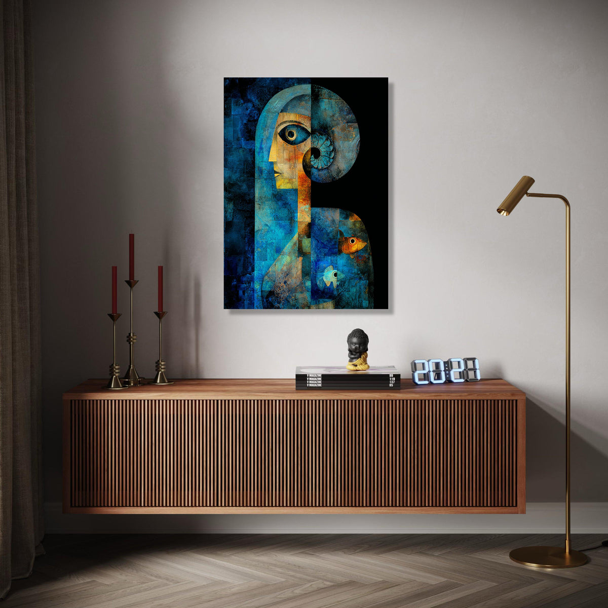 Abstract Blue Human Figure Canvas, Geometric Art with Spiral Horn, Fish Motif Wall Art, Contemporary Canvas Gift Art, Home Decor, Print