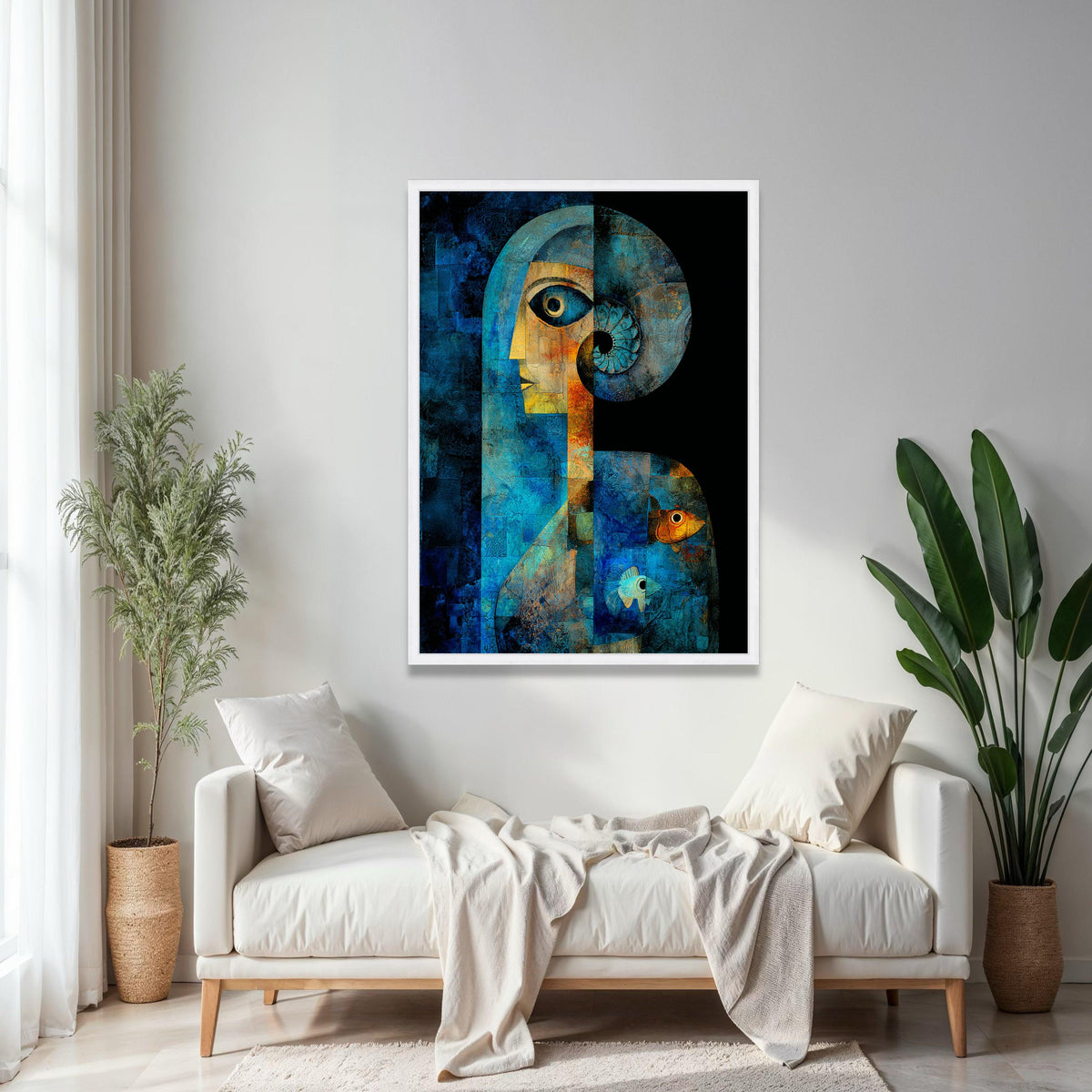 Abstract Blue Human Figure Canvas, Geometric Art with Spiral Horn, Fish Motif Wall Art, Contemporary Canvas Gift Art, Home Decor, Print