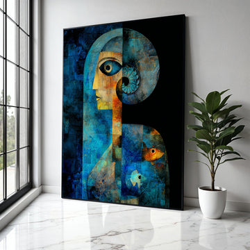 Abstract Blue Human Figure Canvas, Geometric Art with Spiral Horn, Fish Motif Wall Art, Contemporary Canvas Gift Art, Home Decor, Print