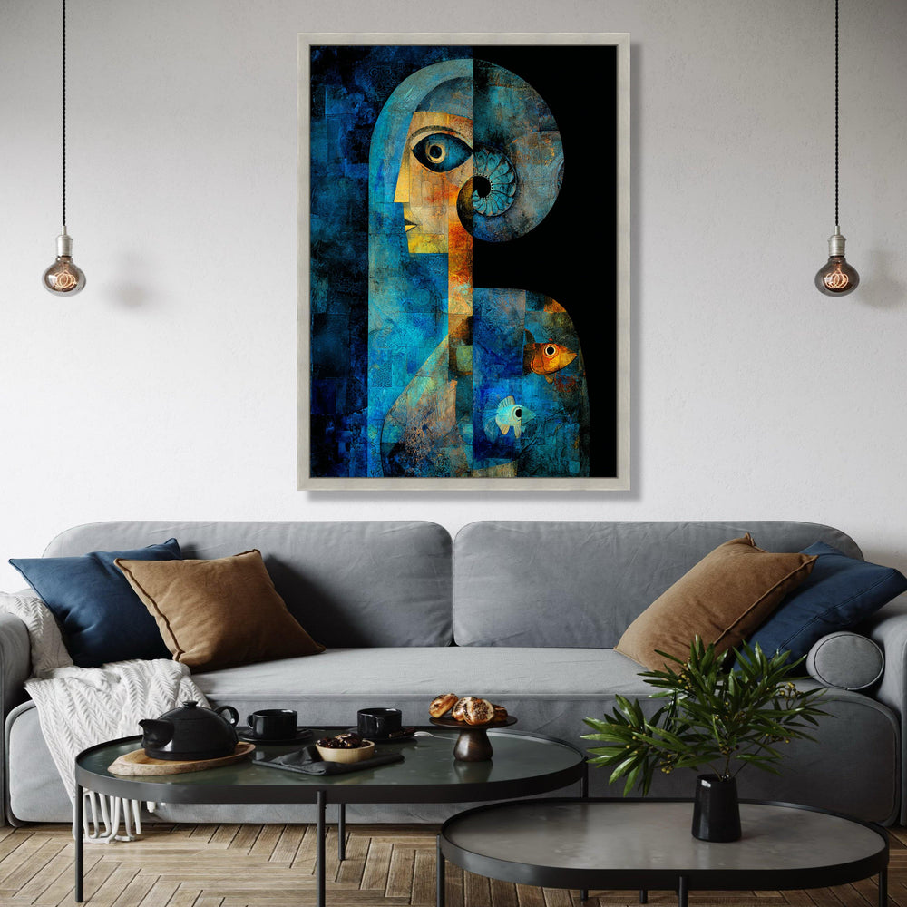 Abstract Blue Human Figure Canvas, Geometric Art with Spiral Horn, Fish Motif Wall Art, Contemporary Canvas Gift Art, Home Decor, Print