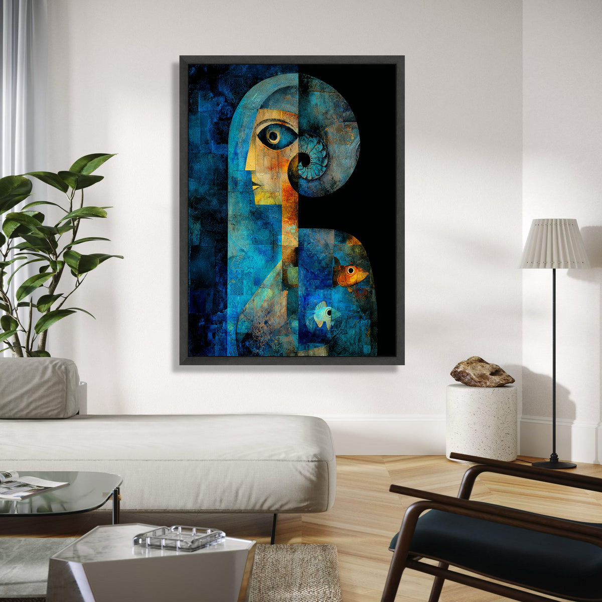 Abstract Blue Human Figure Canvas, Geometric Art with Spiral Horn, Fish Motif Wall Art, Contemporary Canvas Gift Art, Home Decor, Print