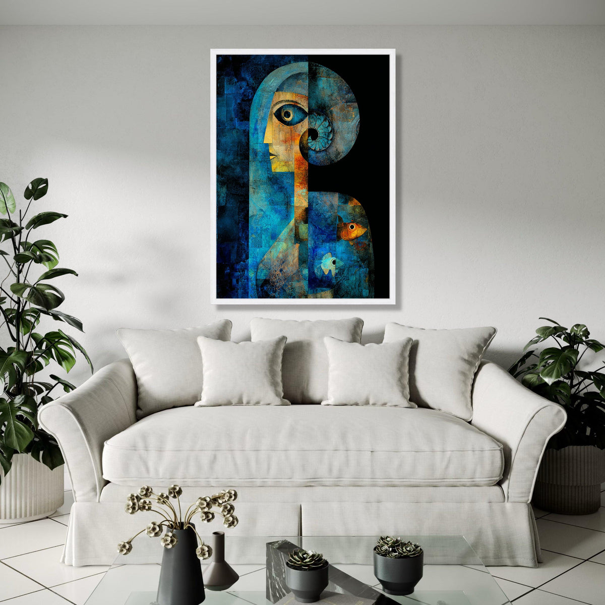 Abstract Blue Human Figure Canvas, Geometric Art with Spiral Horn, Fish Motif Wall Art, Contemporary Canvas Gift Art, Home Decor, Print