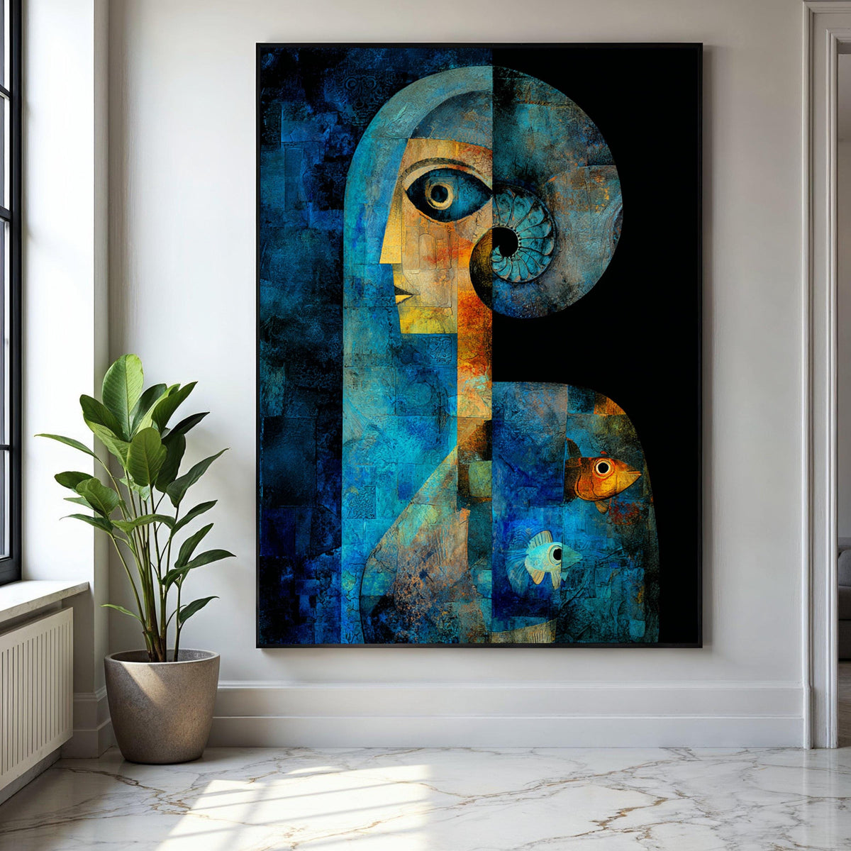 Abstract Blue Human Figure Canvas, Geometric Art with Spiral Horn, Fish Motif Wall Art, Contemporary Canvas Gift Art, Home Decor, Print