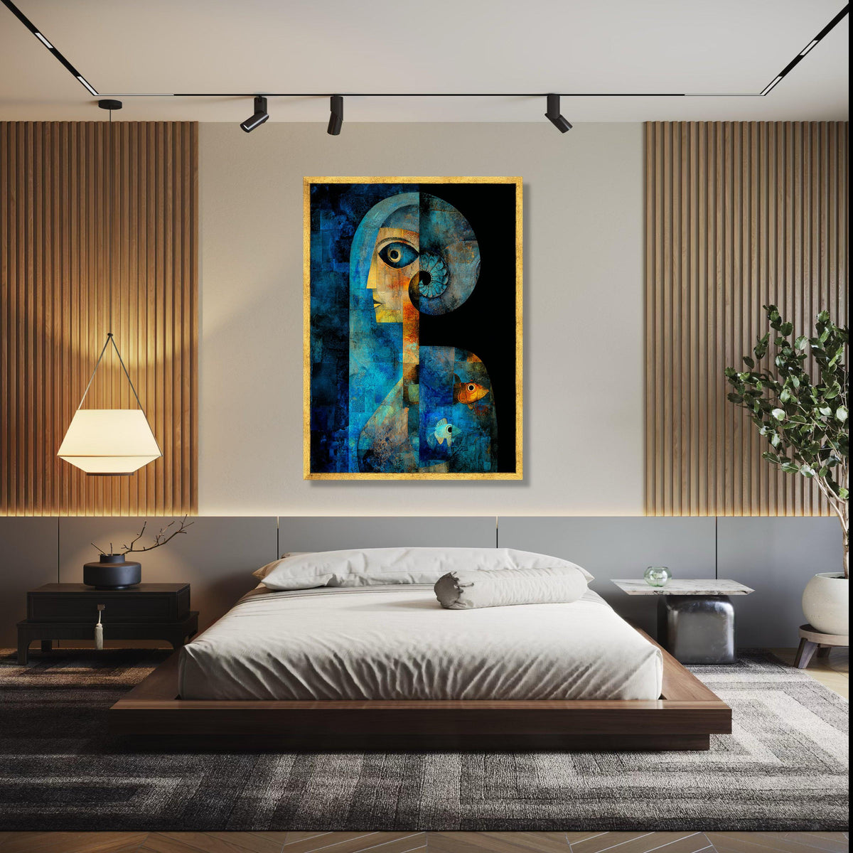 Abstract Blue Human Figure Canvas, Geometric Art with Spiral Horn, Fish Motif Wall Art, Contemporary Canvas Gift Art, Home Decor, Print