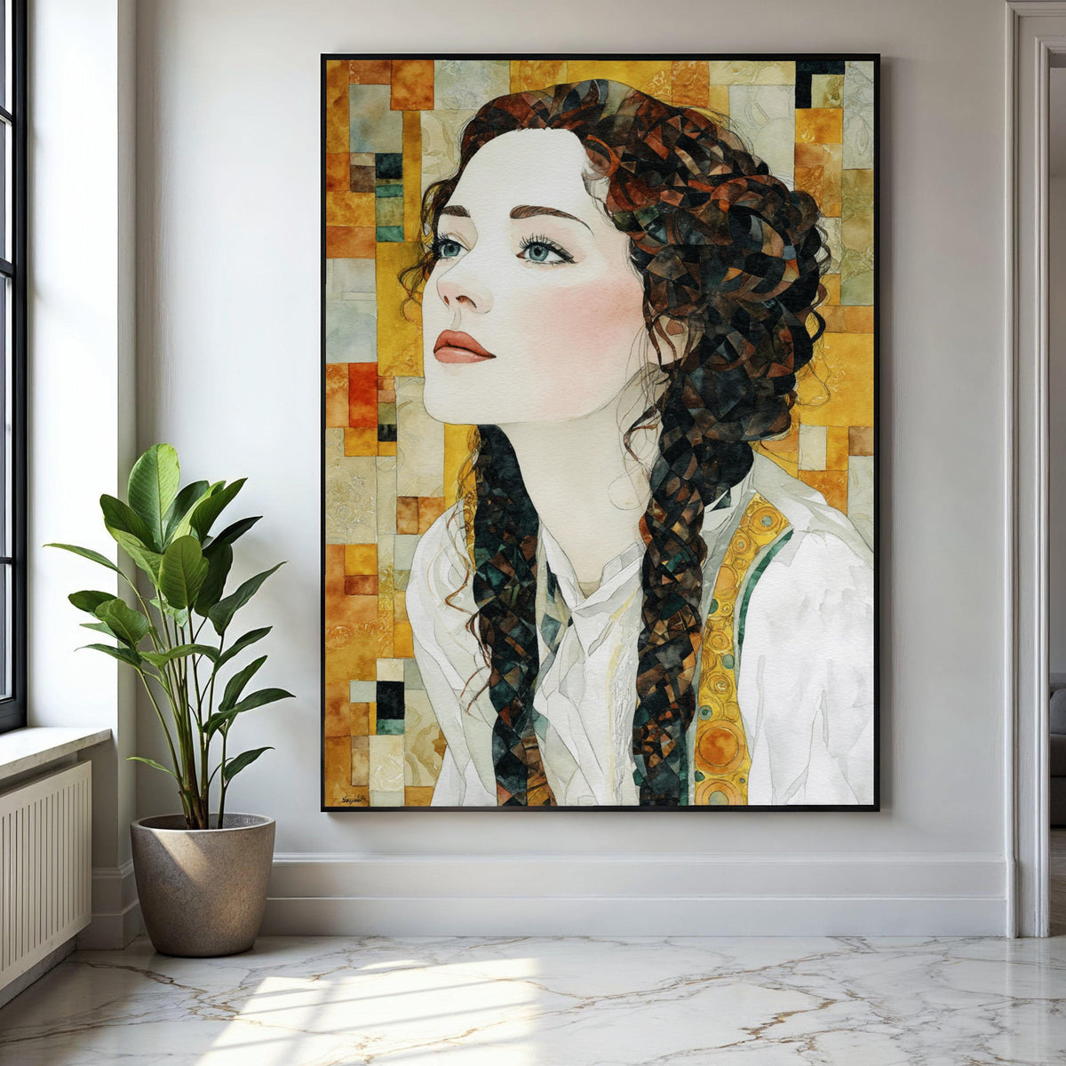 Elegant Woman Portrait Canvas, Watercolor Art Print, Braided Hair Wall Art, Modern Figurative Canvas, Home Decor Gift Art, Home Decor, Print