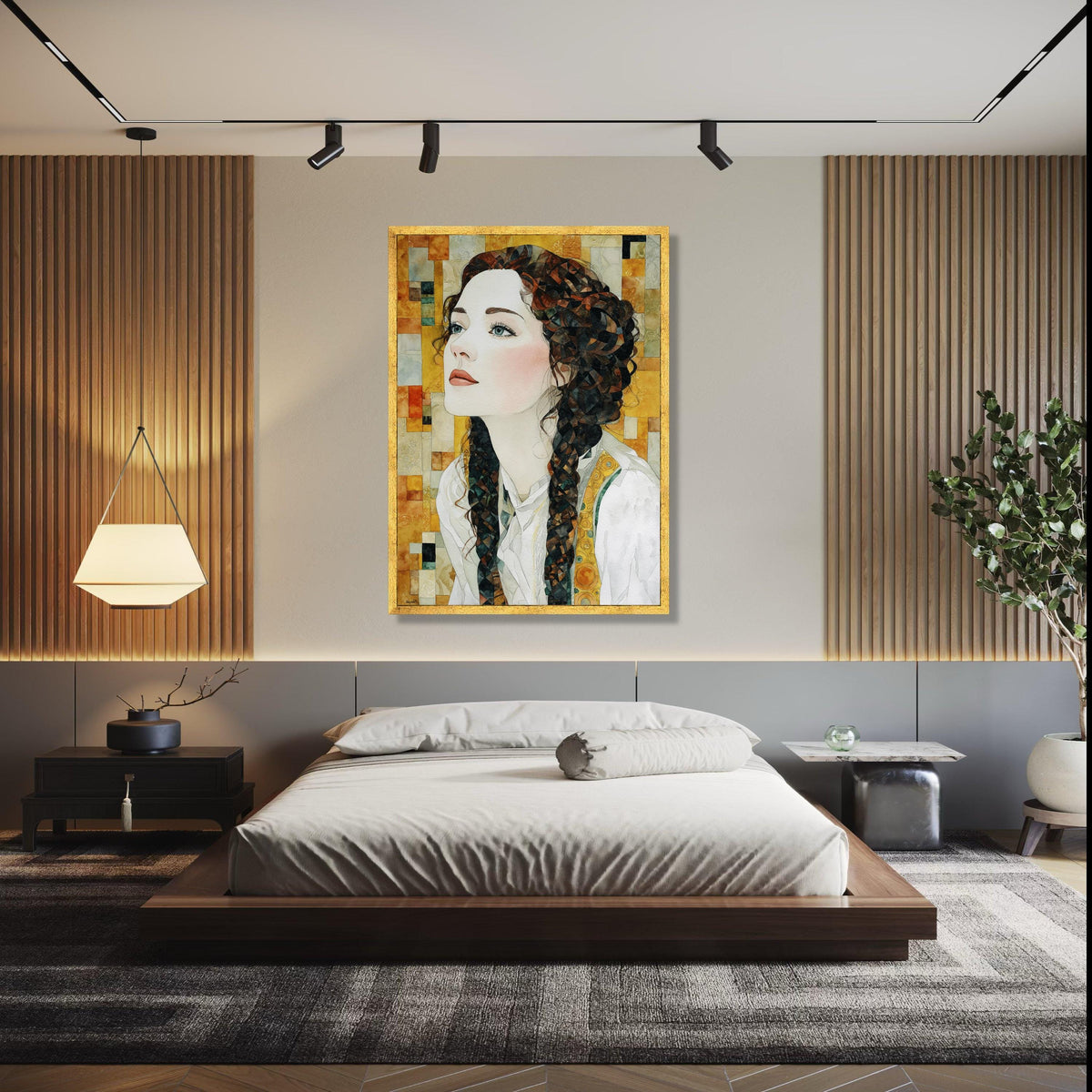 Elegant Woman Portrait Canvas, Watercolor Art Print, Braided Hair Wall Art, Modern Figurative Canvas, Home Decor Gift Art, Home Decor, Print