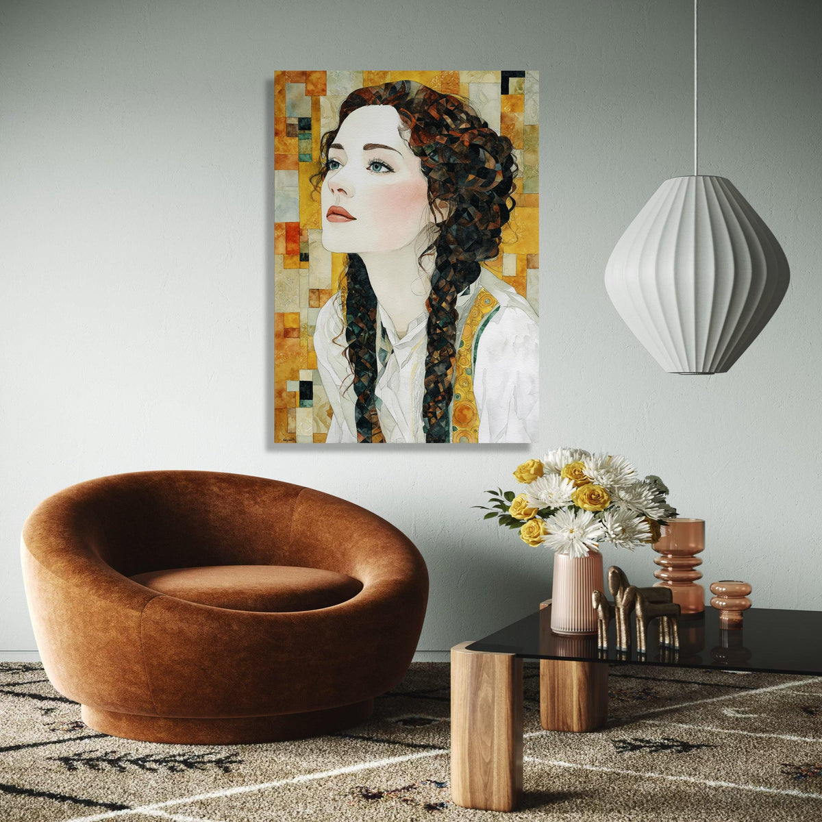 Elegant Woman Portrait Canvas, Watercolor Art Print, Braided Hair Wall Art, Modern Figurative Canvas, Home Decor Gift Art, Home Decor, Print