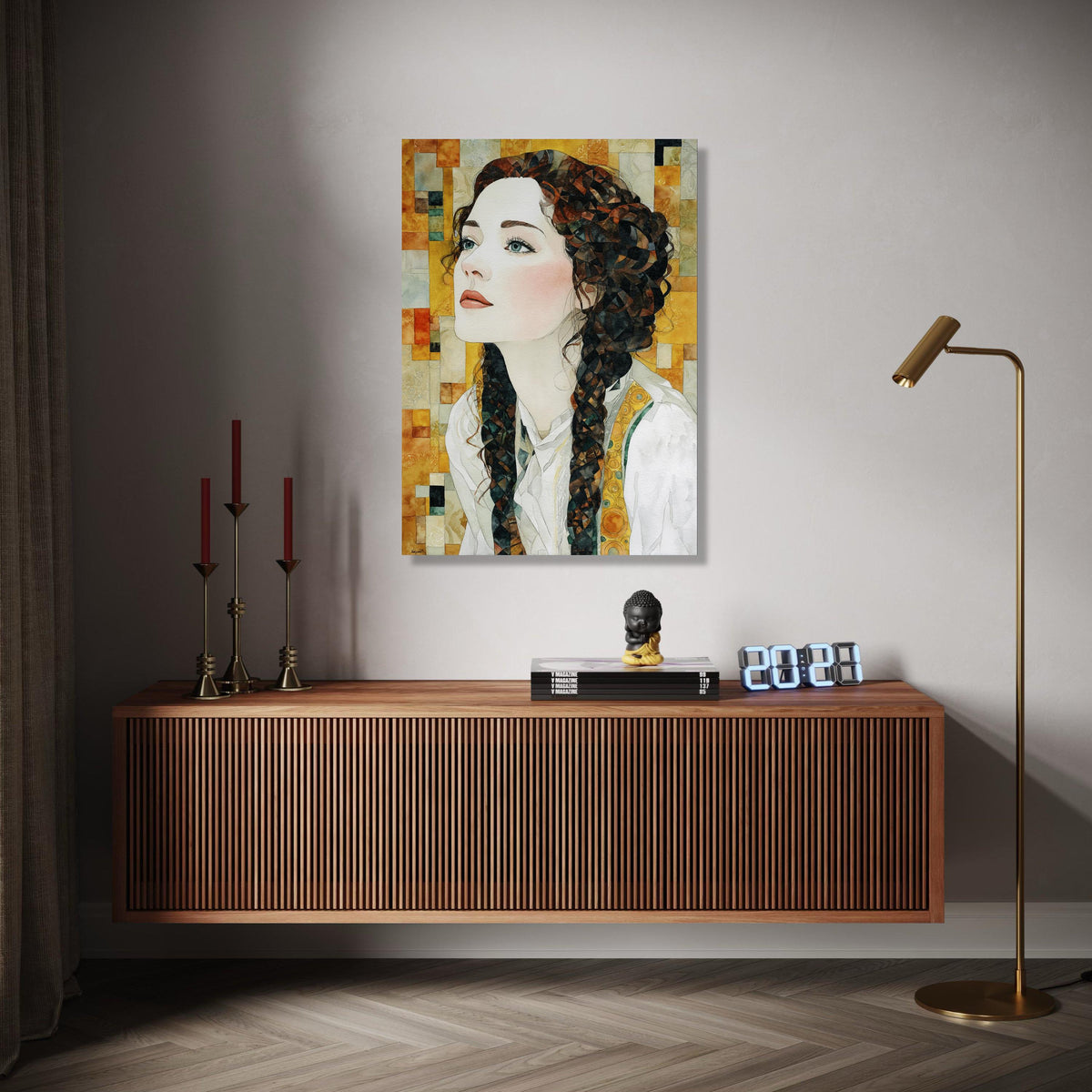 Elegant Woman Portrait Canvas, Watercolor Art Print, Braided Hair Wall Art, Modern Figurative Canvas, Home Decor Gift Art, Home Decor, Print