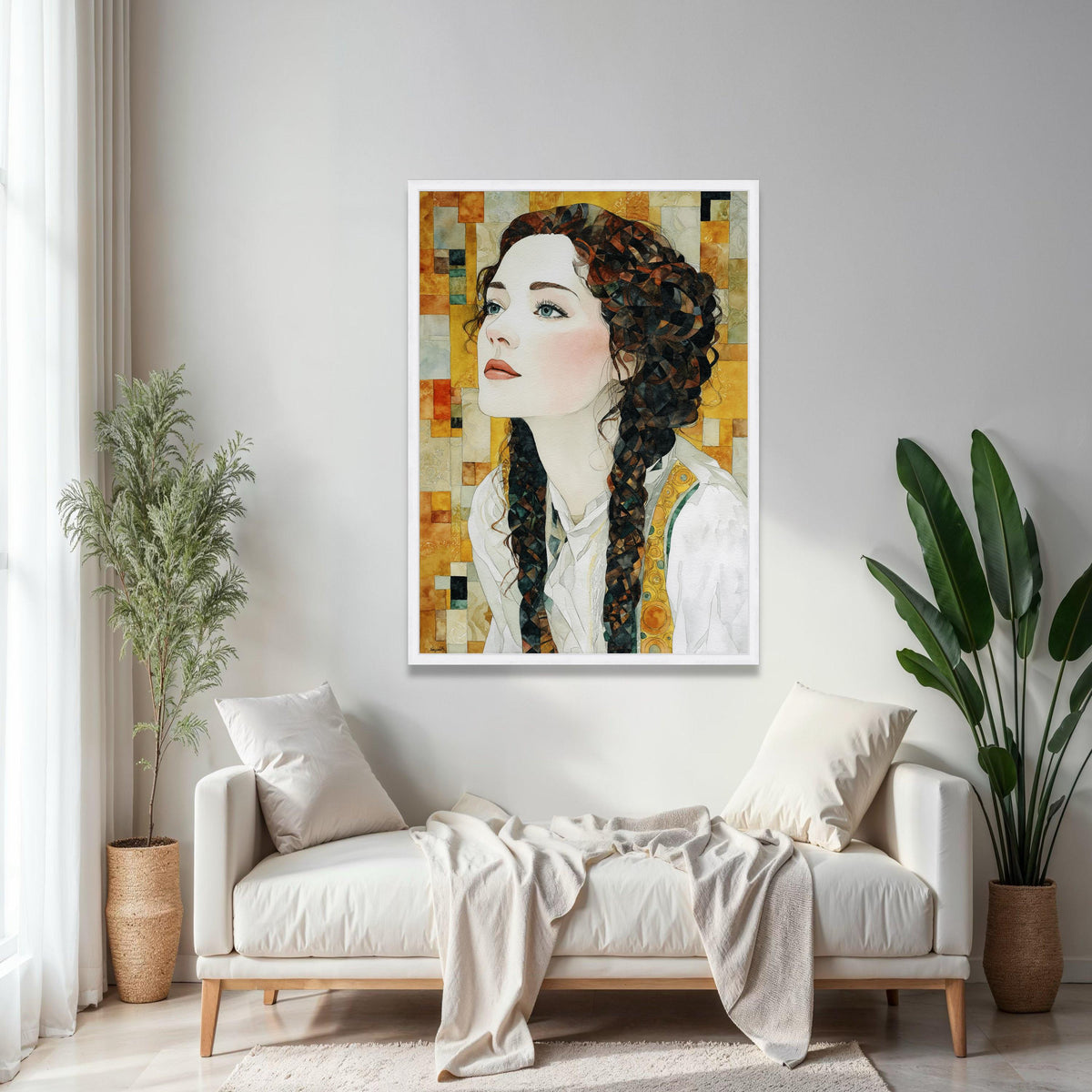 Elegant Woman Portrait Canvas, Watercolor Art Print, Braided Hair Wall Art, Modern Figurative Canvas, Home Decor Gift Art, Home Decor, Print