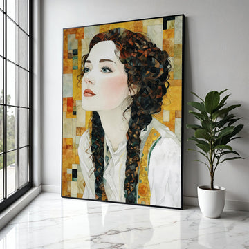 Elegant Woman Portrait Canvas, Watercolor Art Print, Braided Hair Wall Art, Modern Figurative Canvas, Home Decor Gift Art, Home Decor, Print