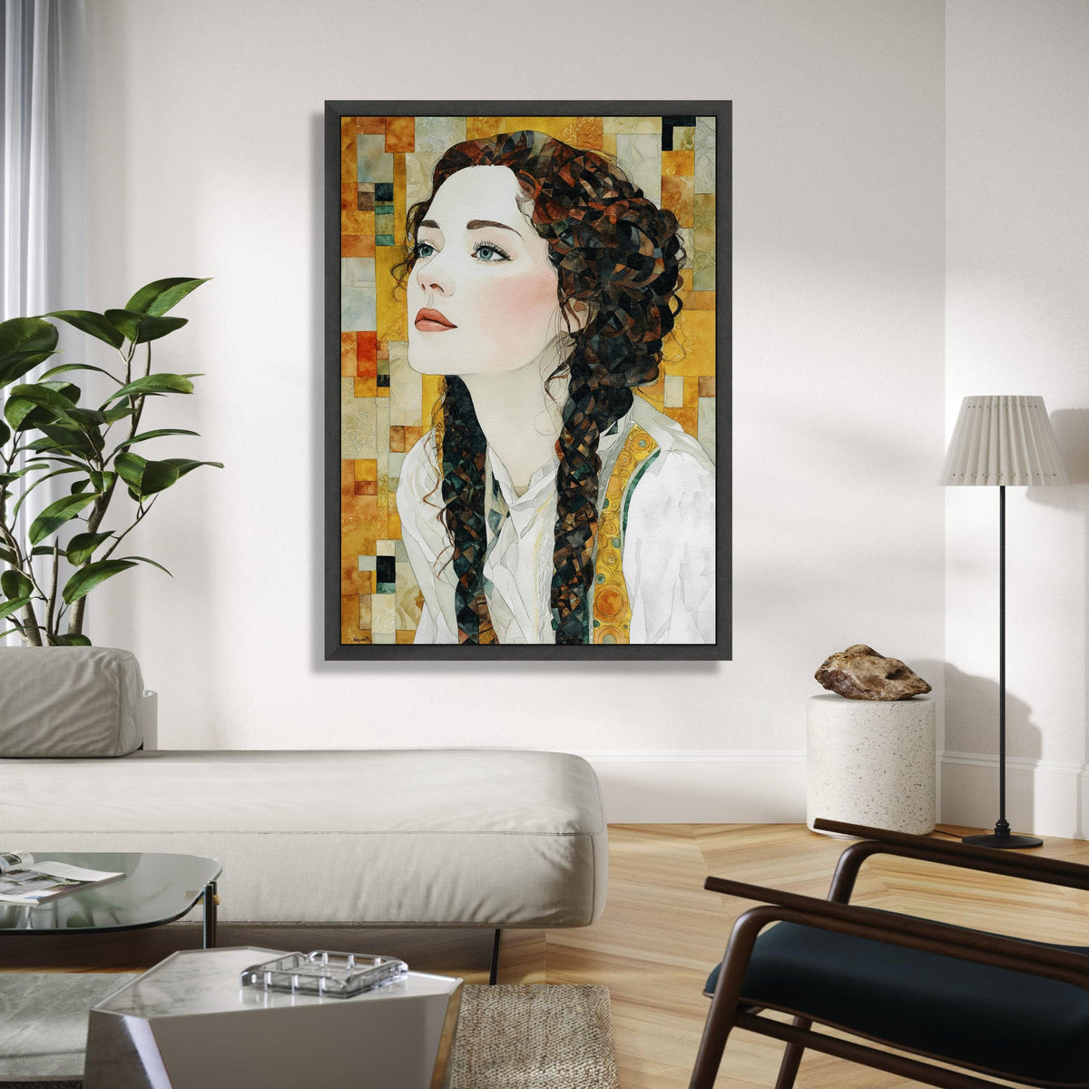 Elegant Woman Portrait Canvas, Watercolor Art Print, Braided Hair Wall Art, Modern Figurative Canvas, Home Decor Gift Art, Home Decor, Print