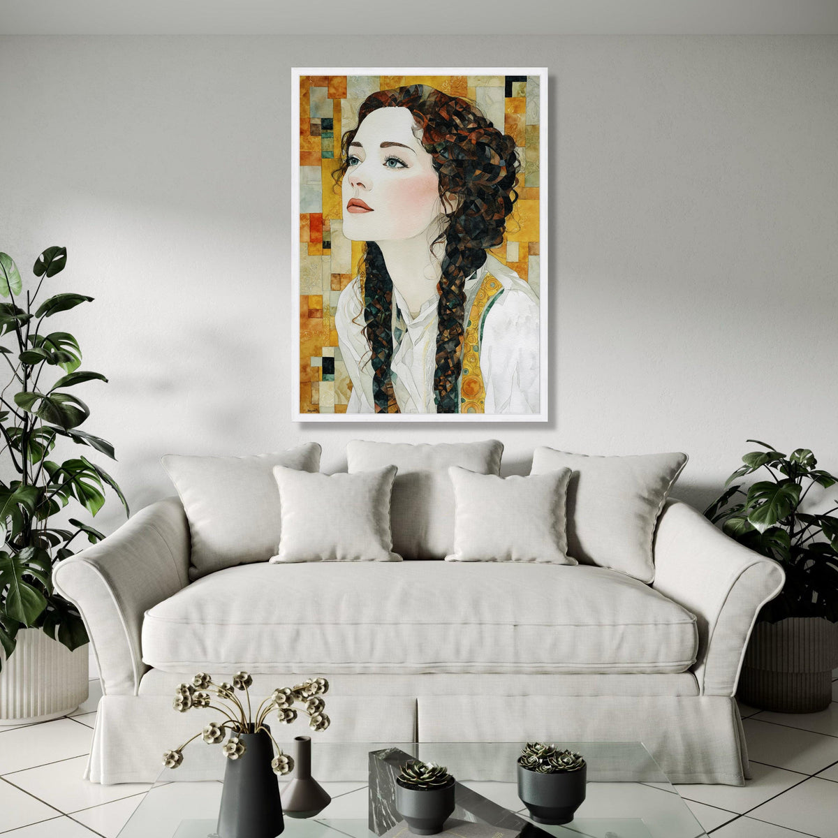 Elegant Woman Portrait Canvas, Watercolor Art Print, Braided Hair Wall Art, Modern Figurative Canvas, Home Decor Gift Art, Home Decor, Print