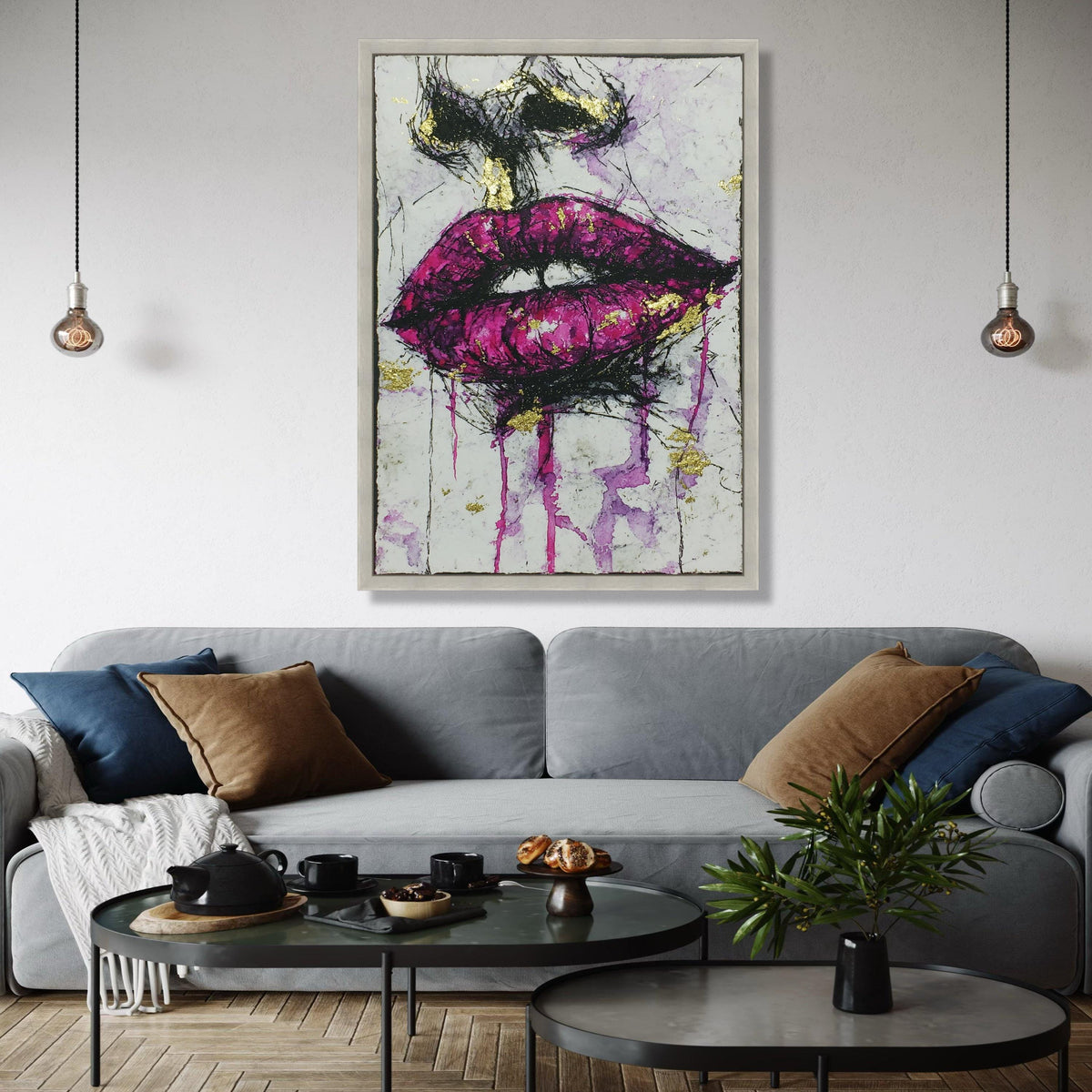 Bold Purple Lips Canvas Wall Art, Abstract Face Painting, Modern Glamour Artwork, Gold Accent Home Décor, Gift Art, Home Decor, Print