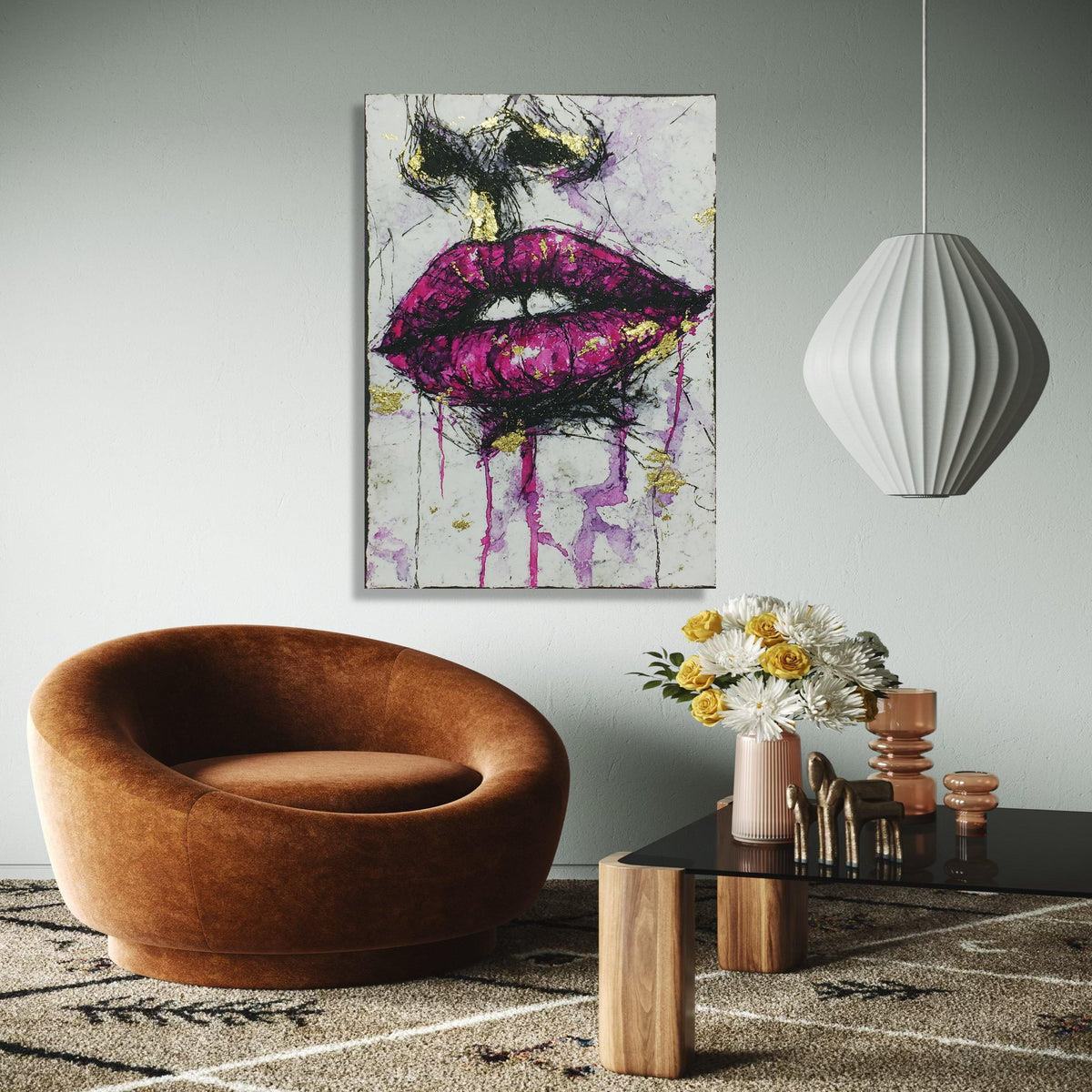 Bold Purple Lips Canvas Wall Art, Abstract Face Painting, Modern Glamour Artwork, Gold Accent Home Décor, Gift Art, Home Decor, Print