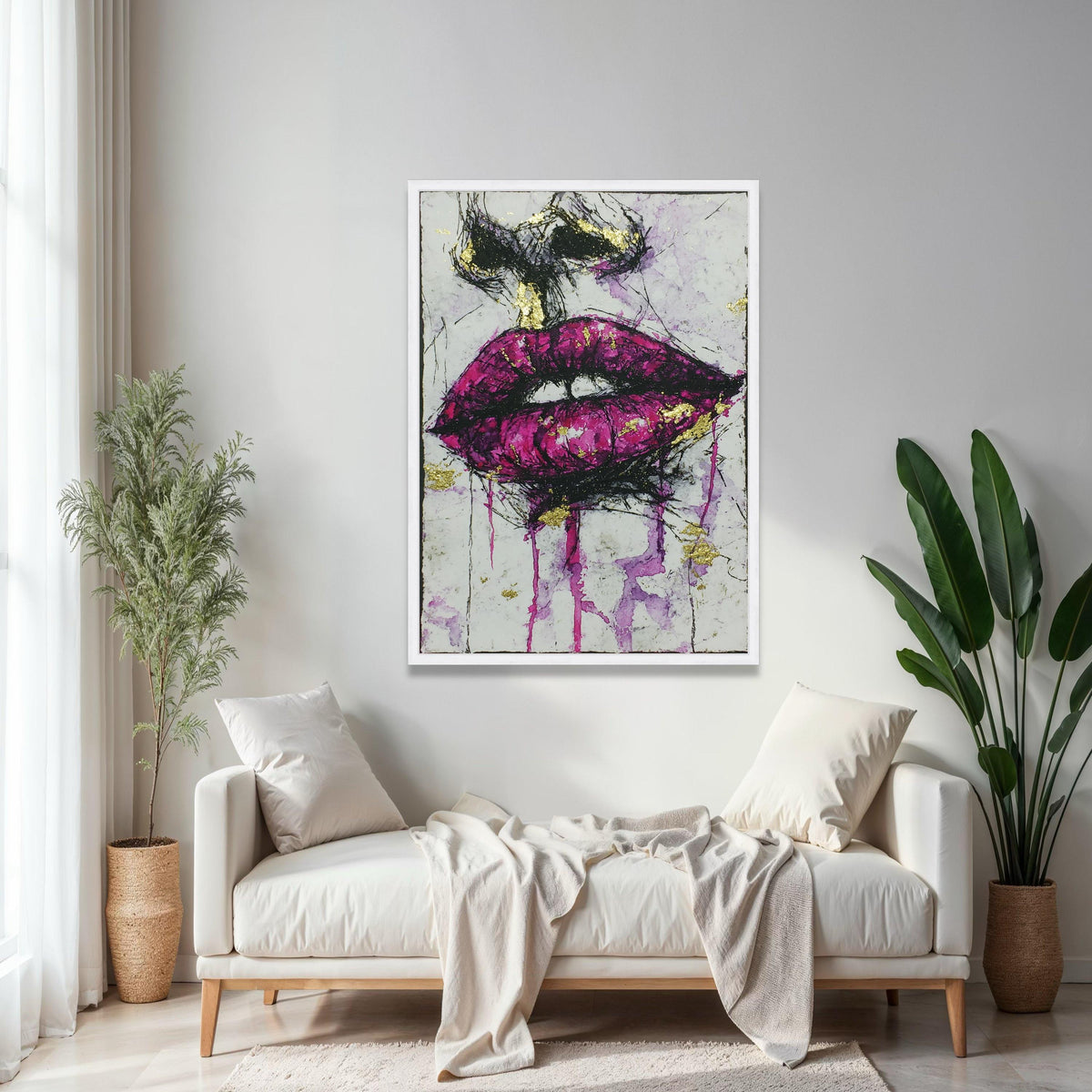 Bold Purple Lips Canvas Wall Art, Abstract Face Painting, Modern Glamour Artwork, Gold Accent Home Décor, Gift Art, Home Decor, Print