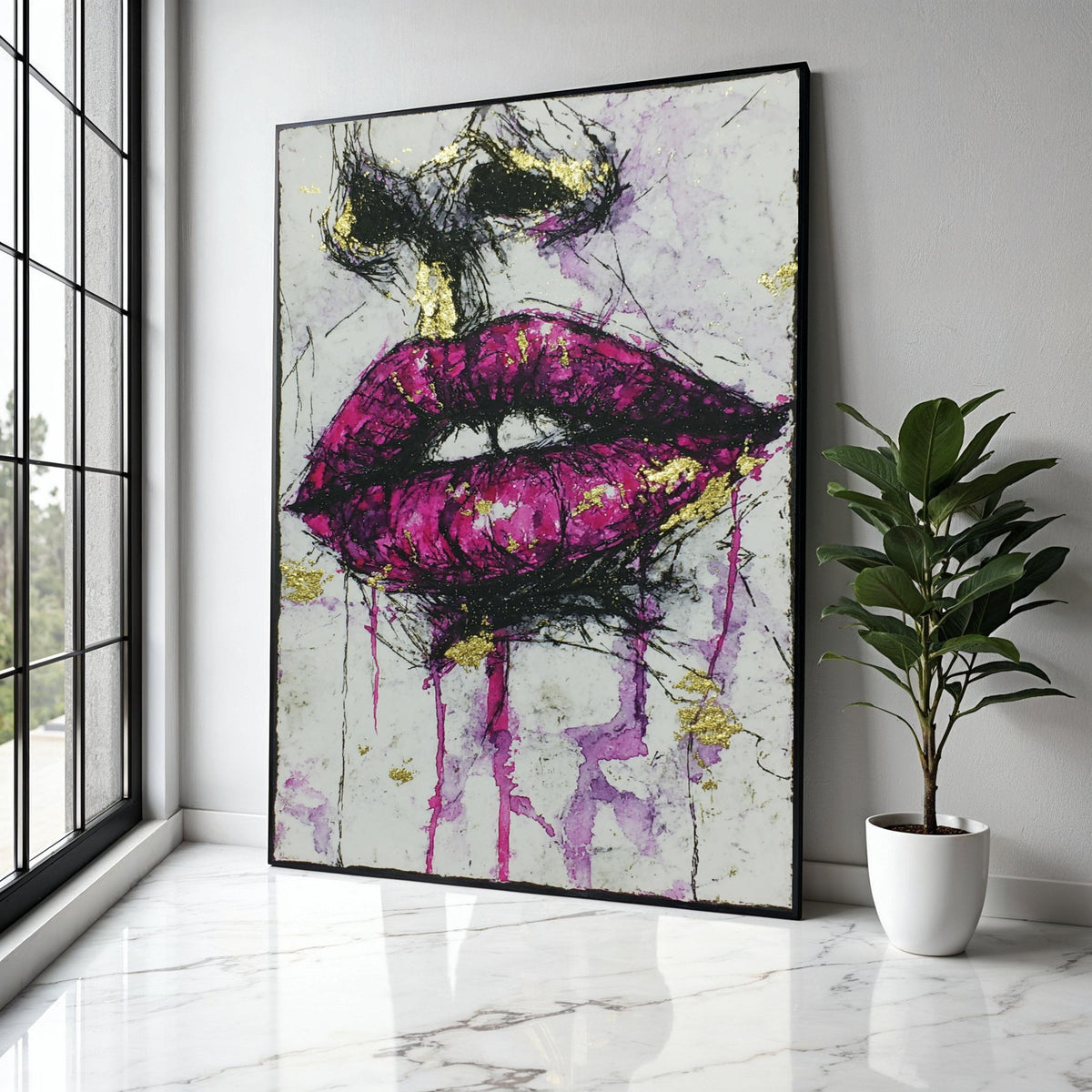 Bold Purple Lips Canvas Wall Art, Abstract Face Painting, Modern Glamour Artwork, Gold Accent Home Décor, Gift Art, Home Decor, Print