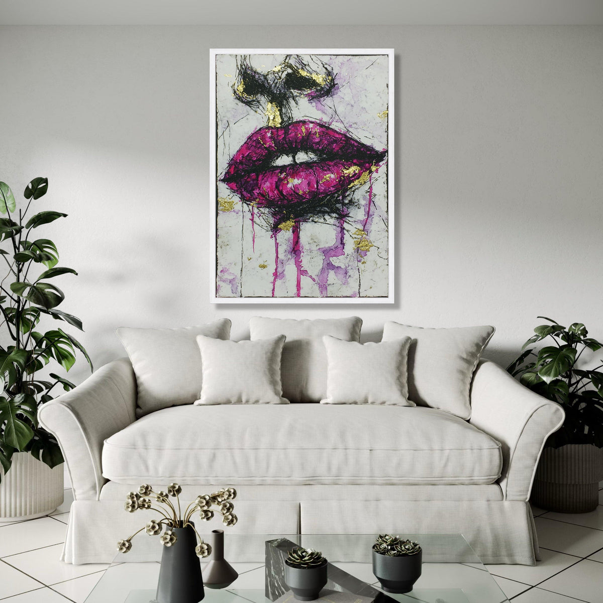 Bold Purple Lips Canvas Wall Art, Abstract Face Painting, Modern Glamour Artwork, Gold Accent Home Décor, Gift Art, Home Decor, Print