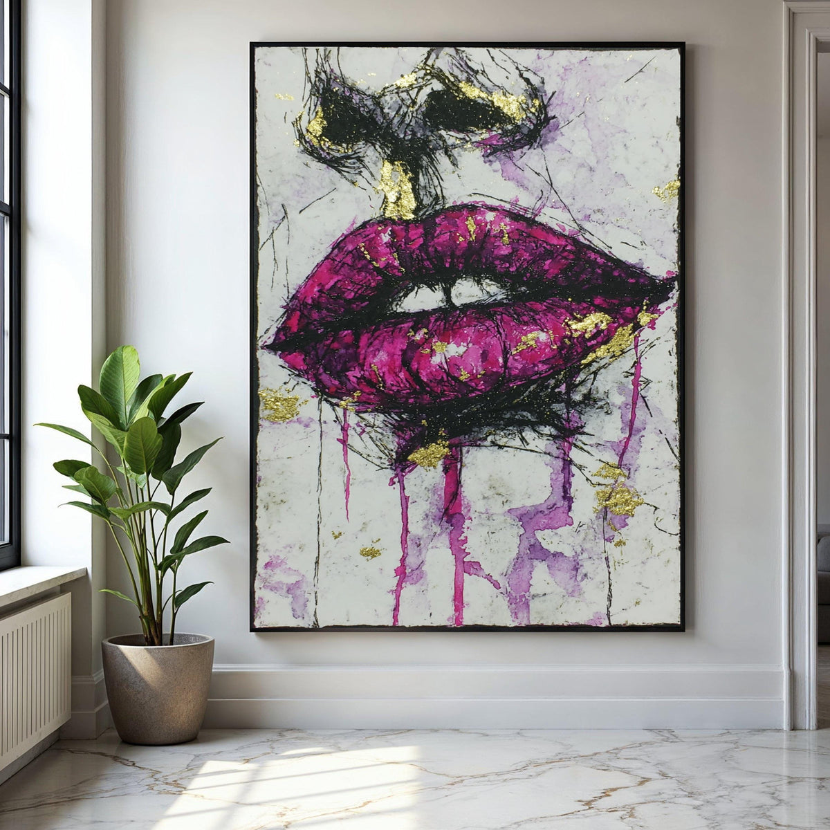 Bold Purple Lips Canvas Wall Art, Abstract Face Painting, Modern Glamour Artwork, Gold Accent Home Décor, Gift Art, Home Decor, Print