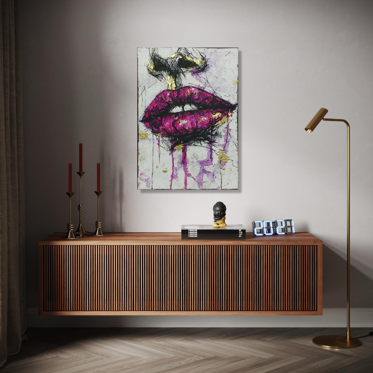 Bold Purple Lips Canvas Wall Art, Abstract Face Painting, Modern Glamour Artwork, Gold Accent Home Décor, Gift Art, Home Decor, Print
