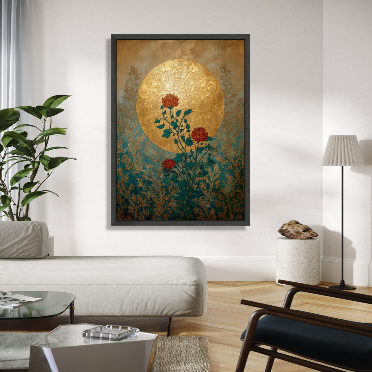 Ornate Gold Moon, Red Roses Canvas, Botanical Wall Art, Vintage Floral Design, Elegant Home Decoration, Nature Gift Art, Home Decor, Print