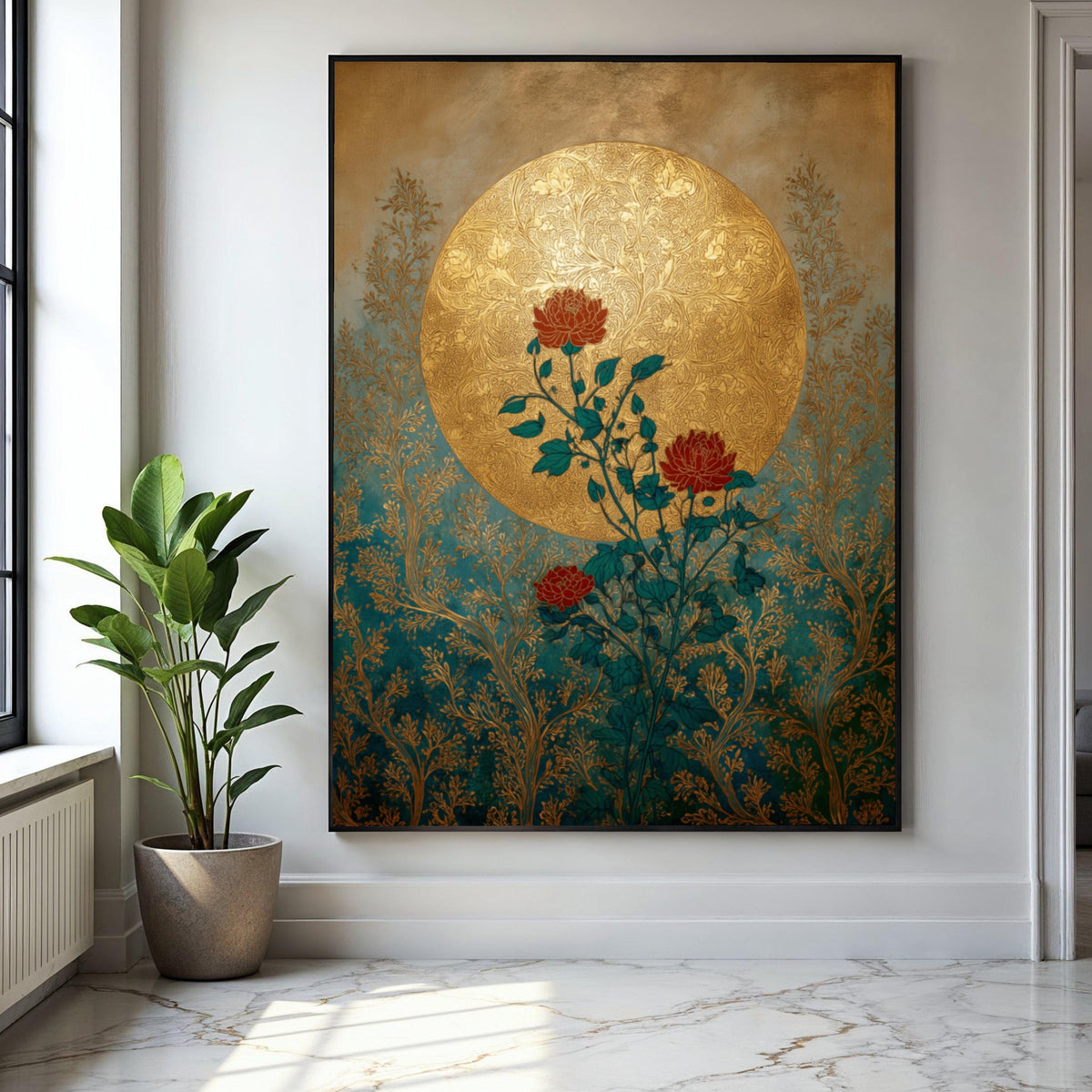 Ornate Gold Moon, Red Roses Canvas, Botanical Wall Art, Vintage Floral Design, Elegant Home Decoration, Nature Gift Art, Home Decor, Print
