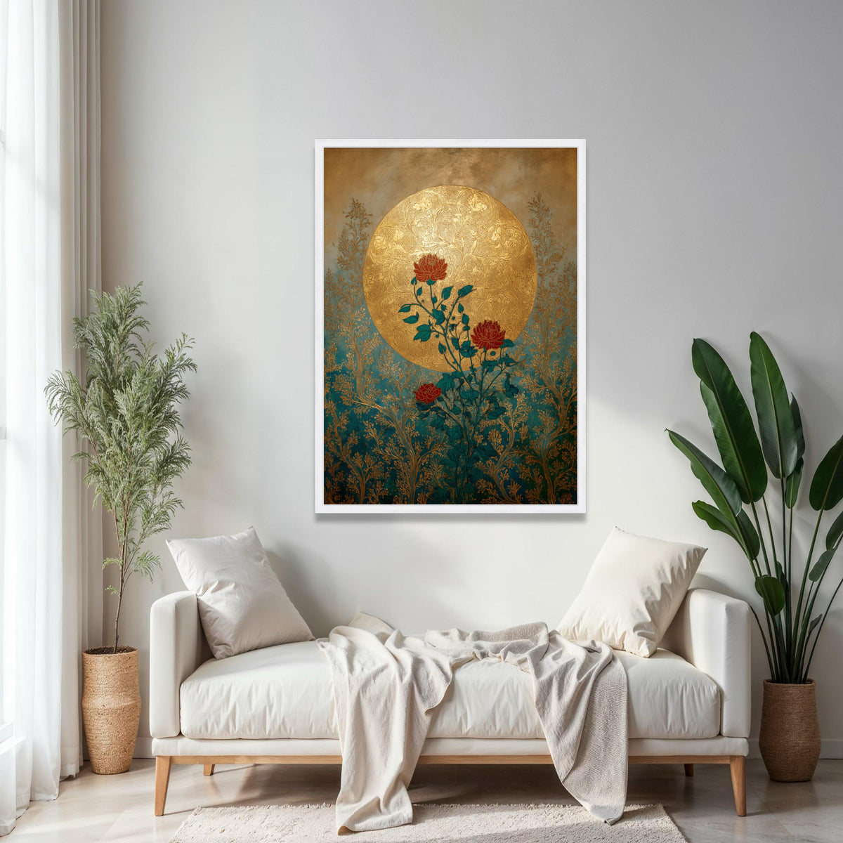 Ornate Gold Moon, Red Roses Canvas, Botanical Wall Art, Vintage Floral Design, Elegant Home Decoration, Nature Gift Art, Home Decor, Print