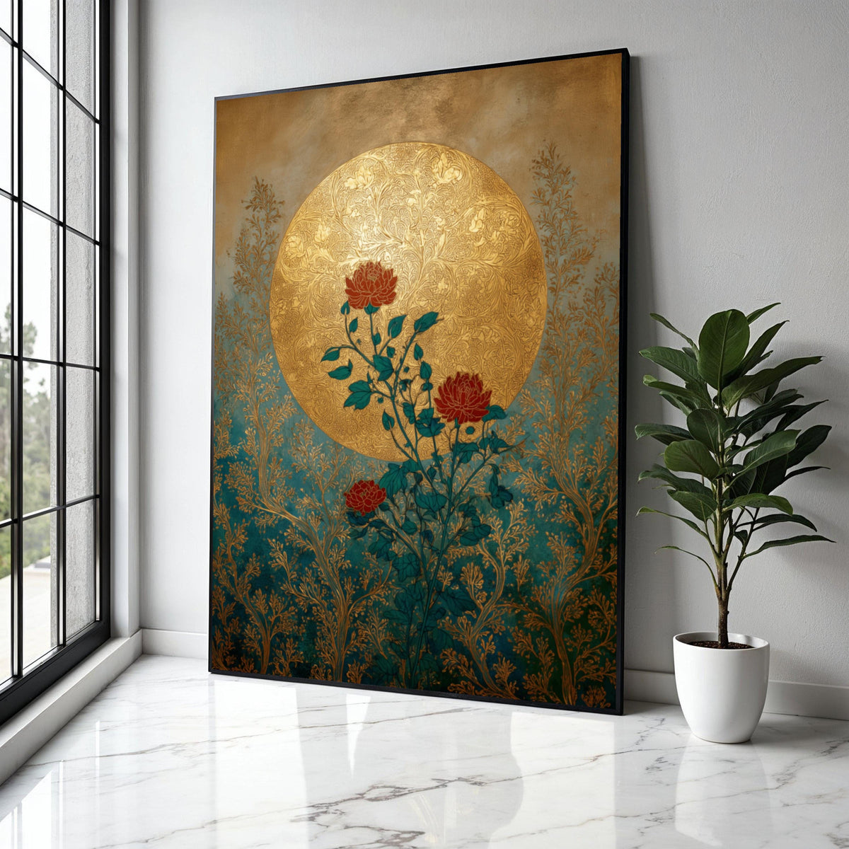 Ornate Gold Moon, Red Roses Canvas, Botanical Wall Art, Vintage Floral Design, Elegant Home Decoration, Nature Gift Art, Home Decor, Print