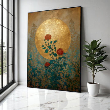 Ornate Gold Moon, Red Roses Canvas, Botanical Wall Art, Vintage Floral Design, Elegant Home Decoration, Nature Gift Art, Home Decor, Print