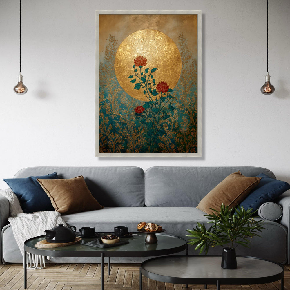 Ornate Gold Moon, Red Roses Canvas, Botanical Wall Art, Vintage Floral Design, Elegant Home Decoration, Nature Gift Art, Home Decor, Print