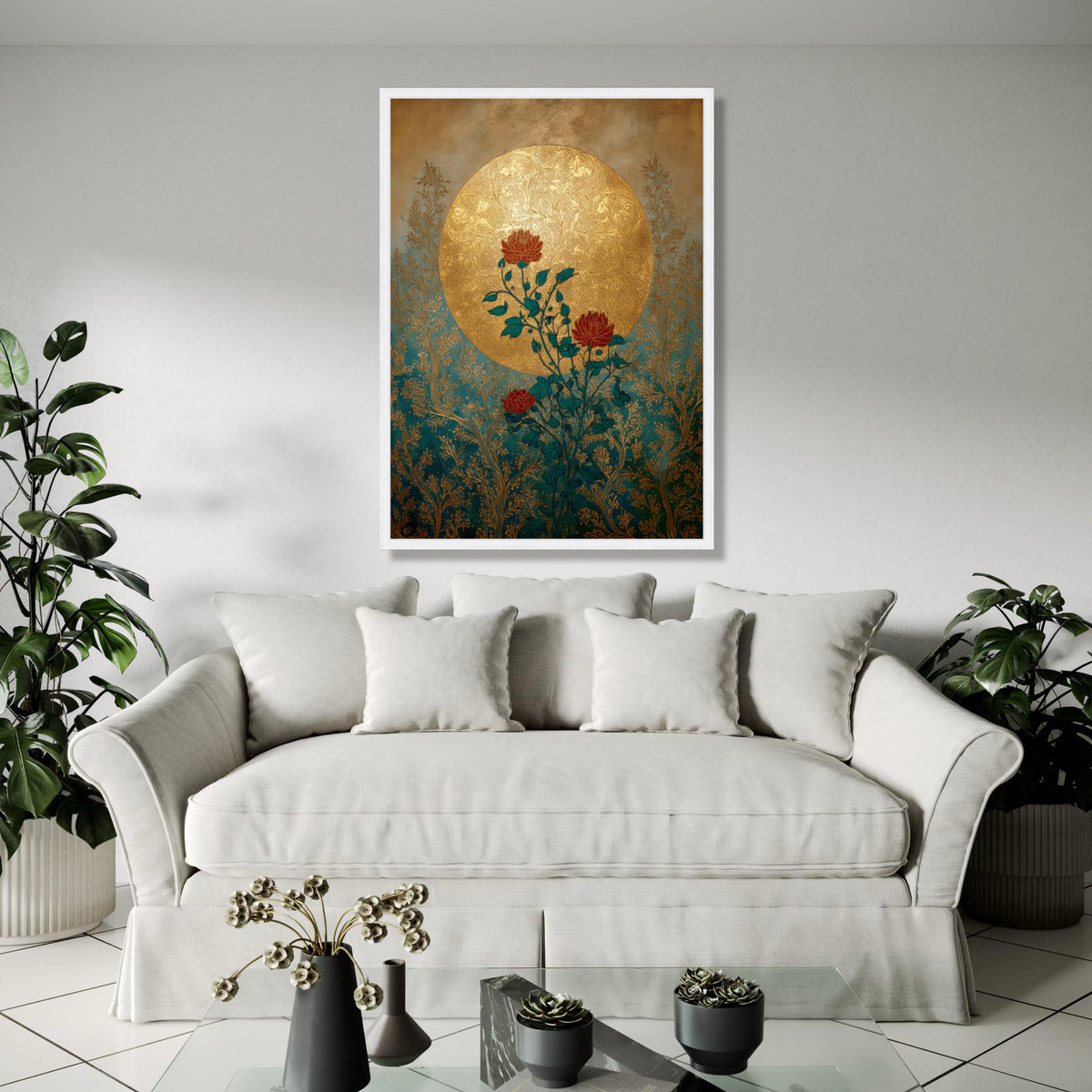Ornate Gold Moon, Red Roses Canvas, Botanical Wall Art, Vintage Floral Design, Elegant Home Decoration, Nature Gift Art, Home Decor, Print