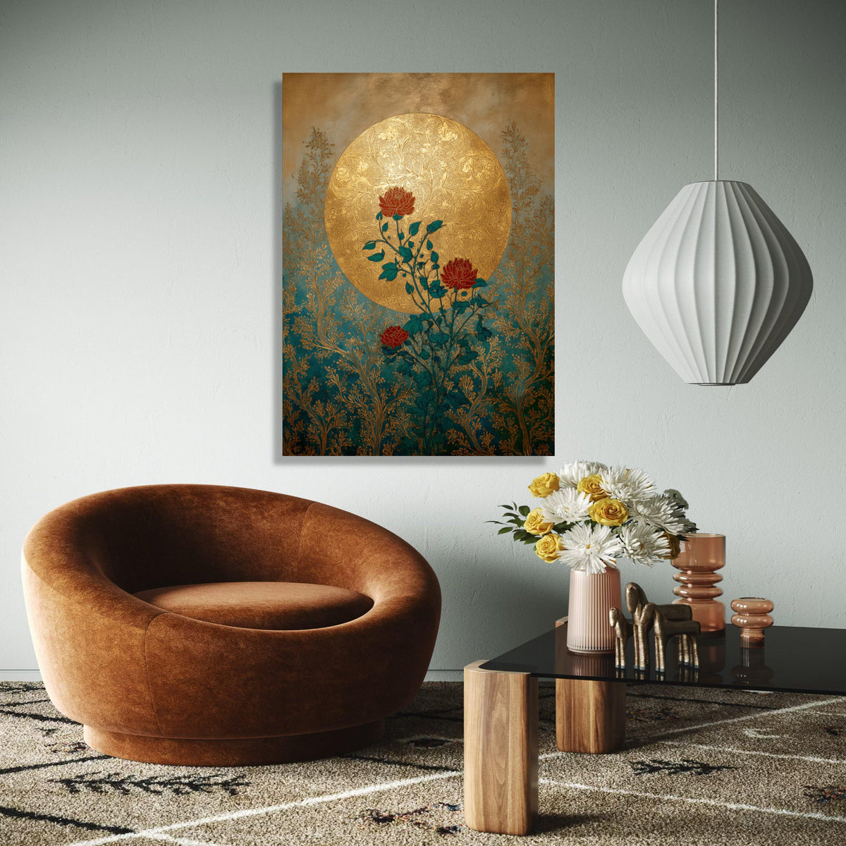 Ornate Gold Moon, Red Roses Canvas, Botanical Wall Art, Vintage Floral Design, Elegant Home Decoration, Nature Gift Art, Home Decor, Print