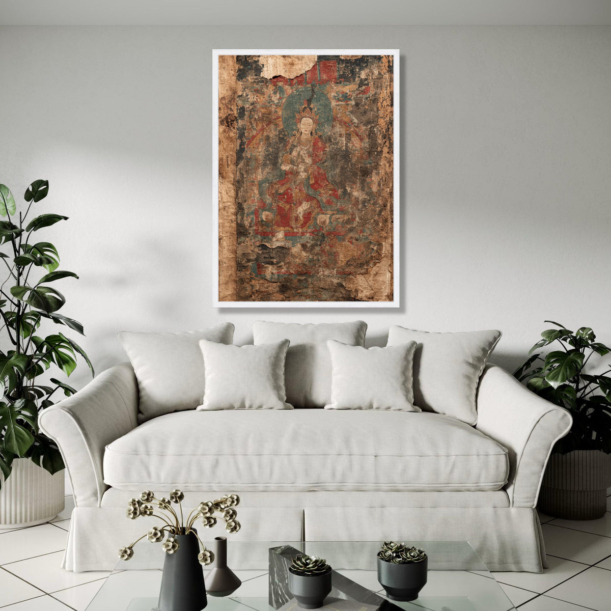 Ancient Buddhist Art Canvas, Vintage Spiritual Wall Art, Worn Religious Painting, Eastern Decor Canvas, Gift Art, Home Decor, Print