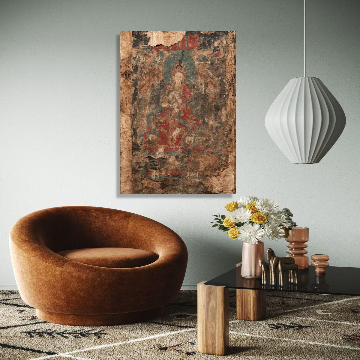 Ancient Buddhist Art Canvas, Vintage Spiritual Wall Art, Worn Religious Painting, Eastern Decor Canvas, Gift Art, Home Decor, Print