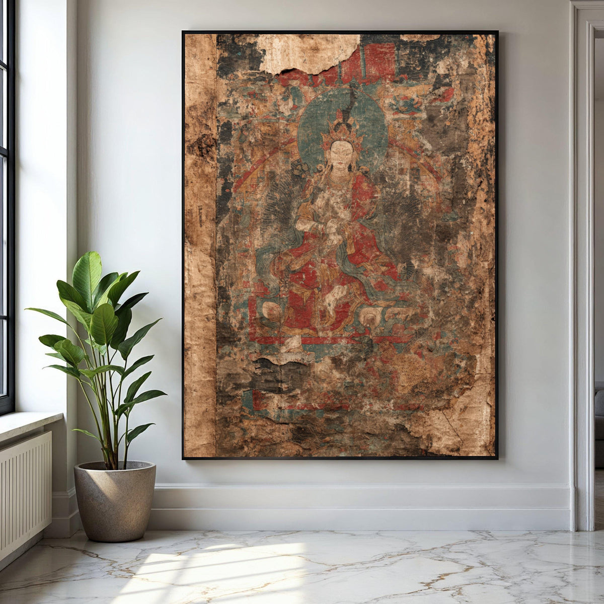 Ancient Buddhist Art Canvas, Vintage Spiritual Wall Art, Worn Religious Painting, Eastern Decor Canvas, Gift Art, Home Decor, Print
