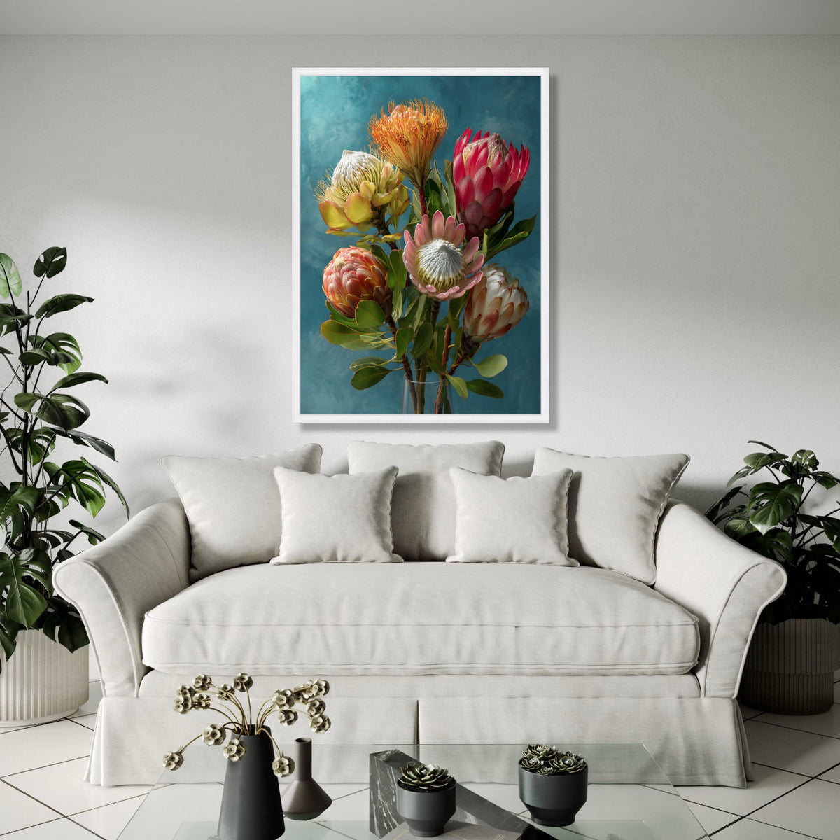 Vibrant Protea Bouquet Canvas, Tropical Flower Wall Art, Botanical Canvas Print, Nature Home Decor, Floral Gift Art, Home Decor, Print