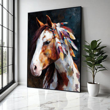 Majestic Painted Horse Canvas, Boho Feather Decor, Western Wall Art, Rustic Animal Portrait Canvas, Native Style Gift Art, Home Decor, Print