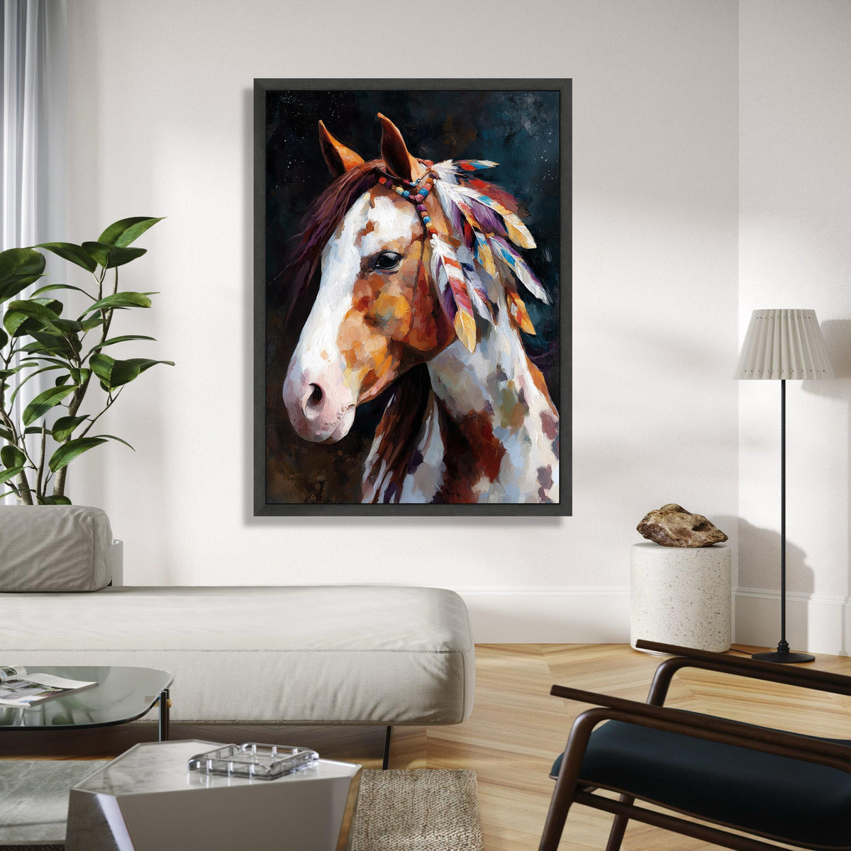 Majestic Painted Horse Canvas, Boho Feather Decor, Western Wall Art, Rustic Animal Portrait Canvas, Native Style Gift Art, Home Decor, Print