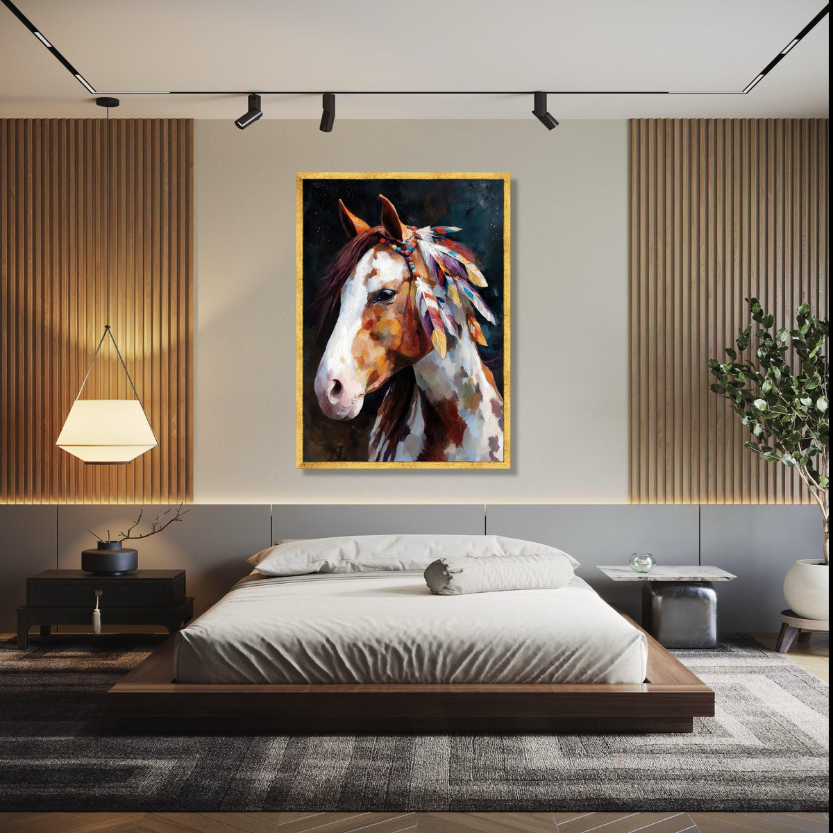 Majestic Painted Horse Canvas, Boho Feather Decor, Western Wall Art, Rustic Animal Portrait Canvas, Native Style Gift Art, Home Decor, Print