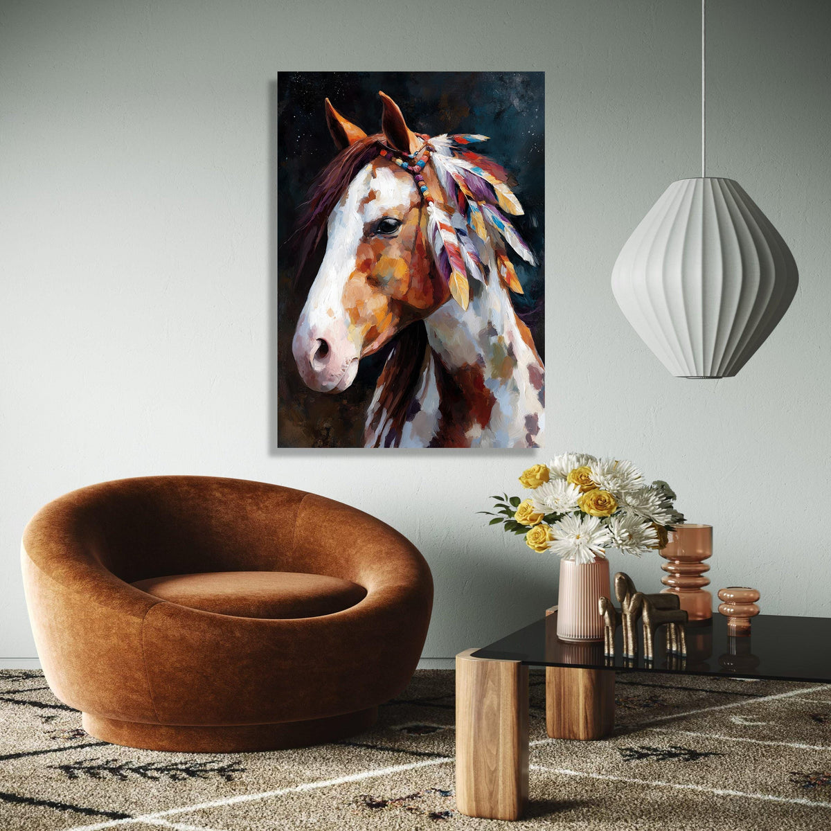 Majestic Painted Horse Canvas, Boho Feather Decor, Western Wall Art, Rustic Animal Portrait Canvas, Native Style Gift Art, Home Decor, Print
